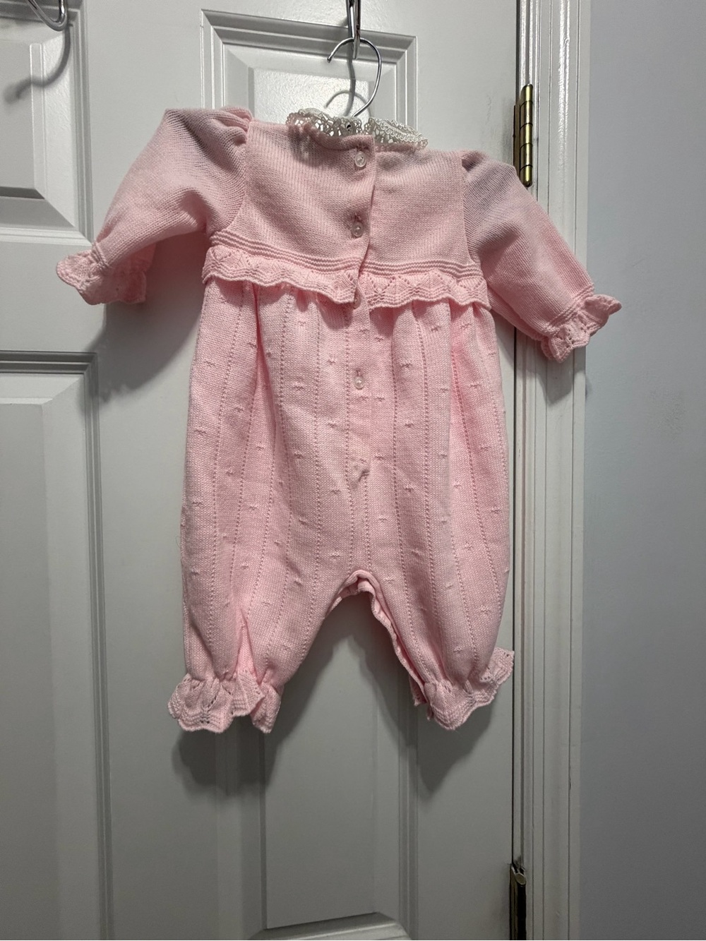 Pink Knit Baby Romper with Lace Trim and headband 3-6 M - Picture 3 of 4